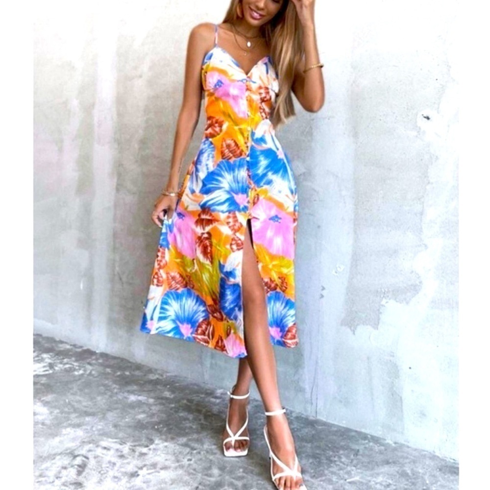 Zara Tropical print midi dress V-neck dress Front slit Open back multi color sun